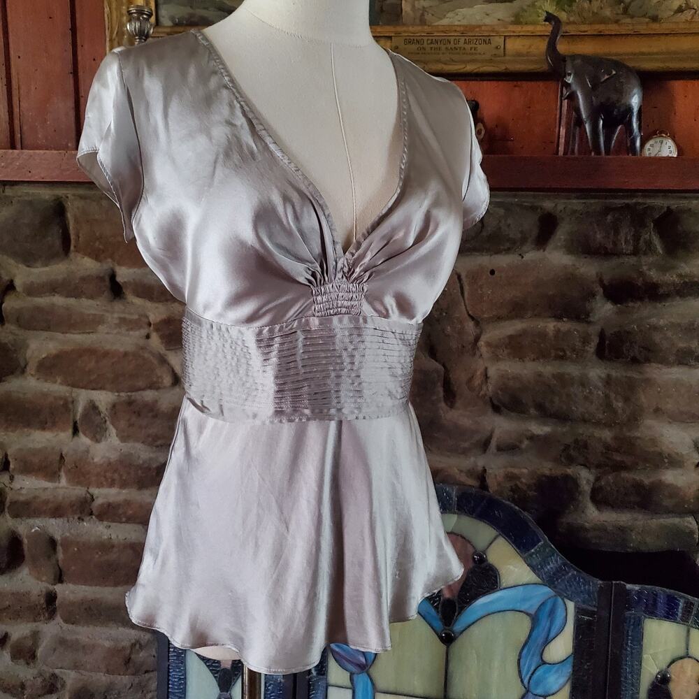 Express 100% Silk Blouse Medium Silver Grey Pleated Top Victorian Classic
